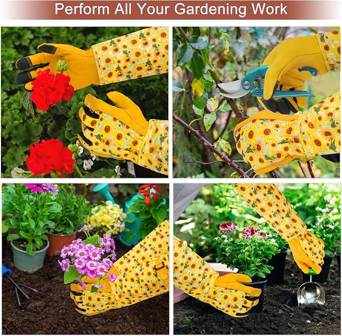 DLY Gardening Gloves for Women, Rose Gloves Gardening Thorn Proof, Long Garden Gloves for Women, Breathable Cowhide Leather Gauntlet (Large, Yellow