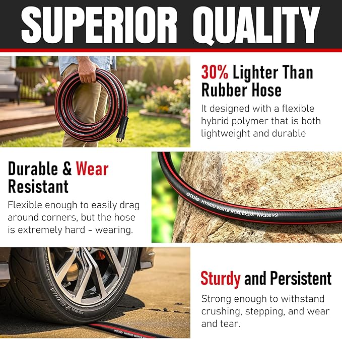 Heavy Duty Garden Hose 75ft, NON-EXPANDABLE Flexible Water Hose, Kink Resistant Lightweight Hybrid Hose, Leakproof Hose Male to Female Fittings