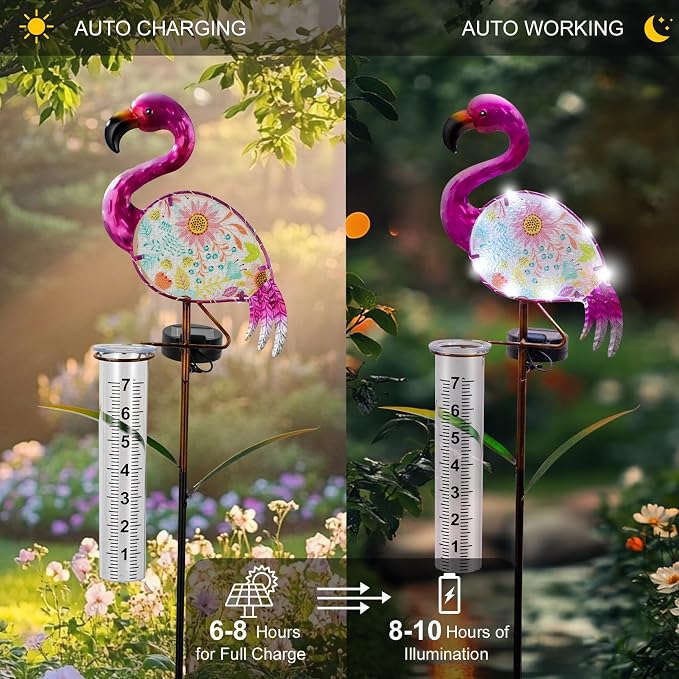 for Wife/Women, Flamingo Rain Gauge Outdoor - Solar Garden Stake Rain Gauges Outdoors Best Rated with LED Lights & Plastic Measuring Cup for Yard Lawn Patio Flowerpot Decor