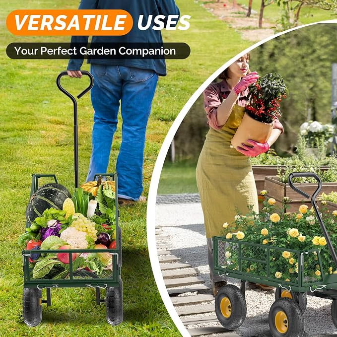 VINGLI Heavy Duty 800 LBS Mesh Steel Garden Cart, Detachable Utility Wheelbarrow, Yard and Garden Wagon Cart with Removable Sides and 10 Inch Wheels (Green)