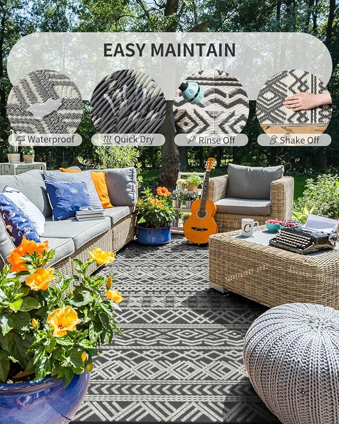 MontVoo-Outdoor Rug Waterproof 6x9 ft Outdoor Carpet Patio Rug Mat Reversible RV Camping Rug-Plastic Straw Rug Outside Outdoor Area Rug for Patio Deck Balcony Backyard Picnic Beach -Boho Grey