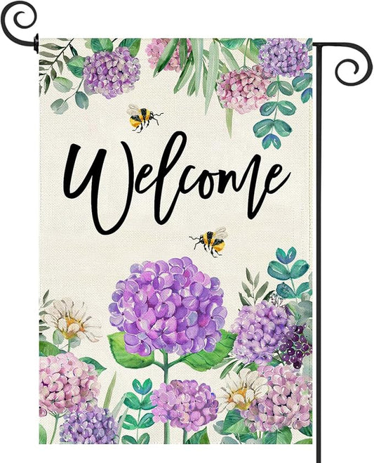 Baccessor Summer Hydrangea Garden Flag Double Sided 12x18 Inch, Purple Flower Floral Welcome Small Yard Flag Burlap Seasonal Farmhouse Yard Outdoor Decoration