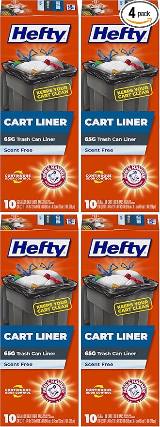 Hefty Cart Liner Trash Bags, 65 Gallon, 10 Bags (Scent Free, ARM & HAMMER Odor Control, Drawstring) (Pack of 4)