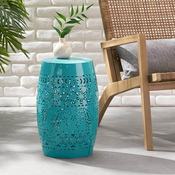 Outdoor 12" Iron Side Table, Outdoor Side Tables End Tables, Anti-Rust Metal Round Hollow Drum Garden Stool Plant Stand Indoor Iron Accent Table for Patio Deck Porch Living Room Bedroom
