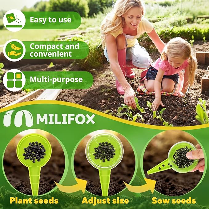 2 Pack Seed Dispenser, Adjustable Hand Seeder with 5 Hole Size 0.12"-0.39" & Storage Setting, Lightweight Mini Seed Spreader for Flowers Vegetables Seedling Tray
