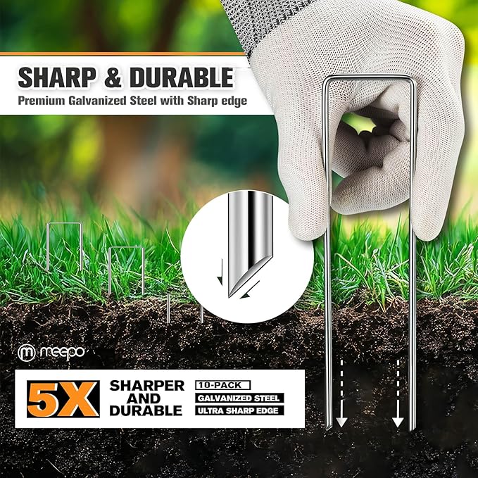 M MEEPO 10-Pack 6 Inch Heavy Duty Landscape Staples, Rust-Proof Galvanized Garden Stakes, 11 Gauge 5X Sharper U-Pins for Inflatables, Dog Fence, Tents, Weed Barrier, Outdoor Decor & Garden Repair