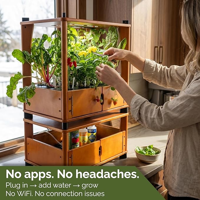 Hydroponics Growing System – Wooden Indoor Herb Garden Kit with LED Grow Light, 24 Starter Plants Included, Scalable to 96 Plants, No Subscriptions, Just Add Water