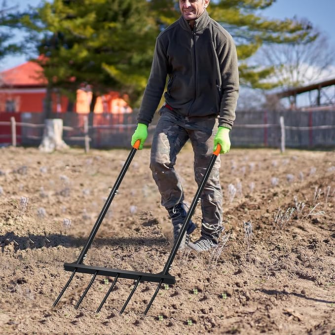 Broad Fork Garden Tool, broadfork Ergonomic Design - for Farms, Gardens, Vegetable plots, for Easy Turning of the Soil, Removal of Weeds, 5 Wide Fork Hand Cultivator Black
