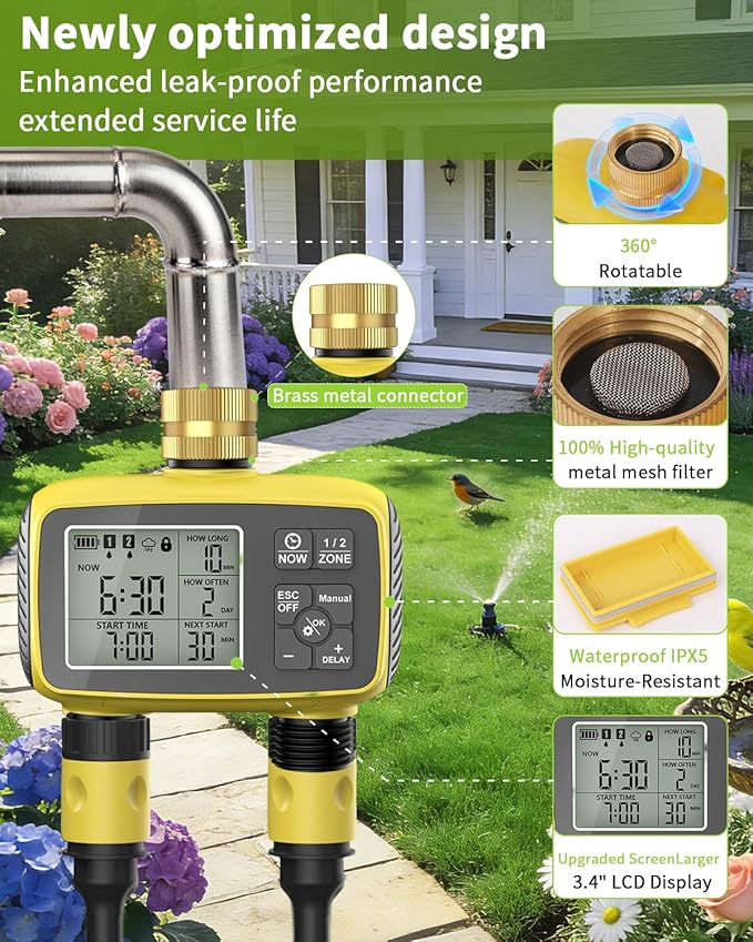 Hose Timer 2 Outlet, 2 Zone Programmable Sprinkler Timer with Rain Delay & Manual Mode, Heavy Duty Digital Timer for Garden Hose, Auto Irrigation Controller for Lawn, Yard & Drip Irrigation Outdoor