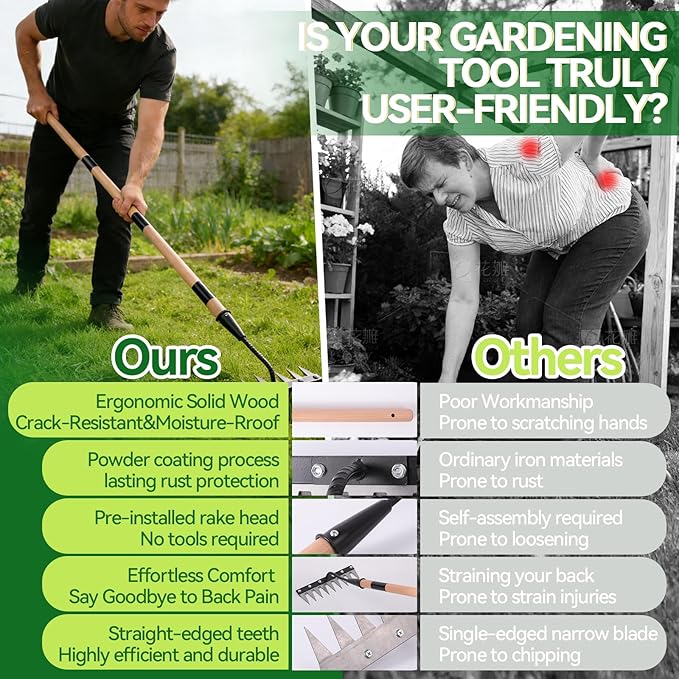 Gardenia Iron Weeding Rake with Handle 3.0, Heavy Duty Iron Rake for Gardening and Weeding, 2026 Upgraded 9-Tine Garden Weed Puller Tool, Garden Weed Rake Tool for Removing Weeds, Soil Aeration