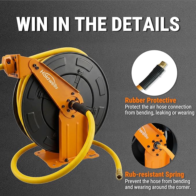 Retractable Air Hose Reel, 3/8" x 50FT EPDM Rubber Air Hose, 300PSI Max, Auto-Rewind & Length-Lock, 1/4" NPT Fitting, Ceiling/Wall Mount Heavy Duty Dual Arm Steel Reel for Workshop/Garage