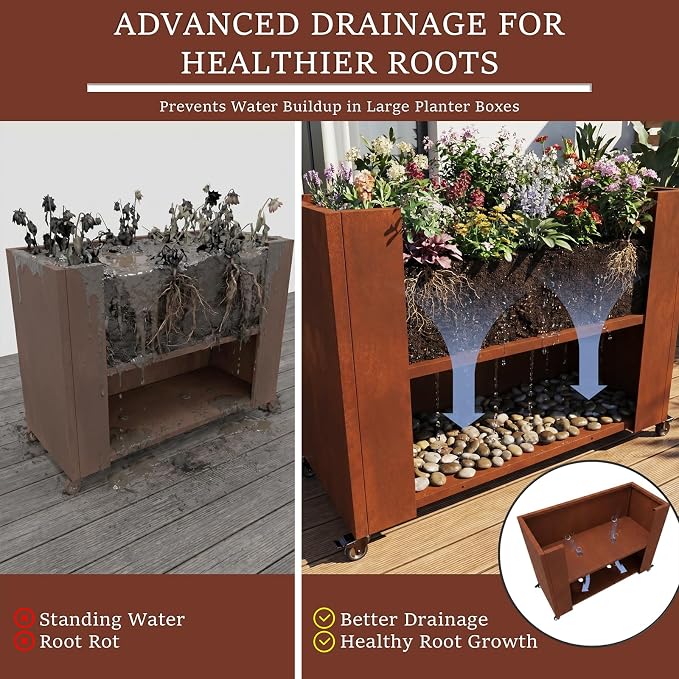 36 Inch Corten Steel Planter Box with Wheels, Tall Outdoor Rolling Planter with Drainage & Removable Shelf, Large Rectangular Weathering Steel Planter for Patio, Porch, Balcony & Garden