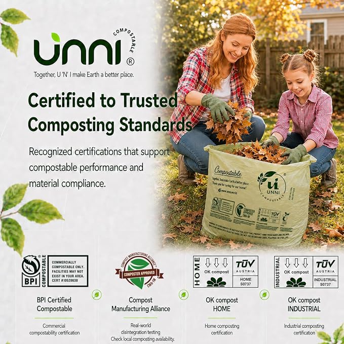 UNNI Compostable Lawn & Leaf Bags, 30-33 Gallon / 124 Liter, 40 Count Value Pack, Extra Thick 1.1 mil Yard Waste & Food Scrap Liners, BPI, CMA & OK compost HOME Certified (Meets ASTM D6400)