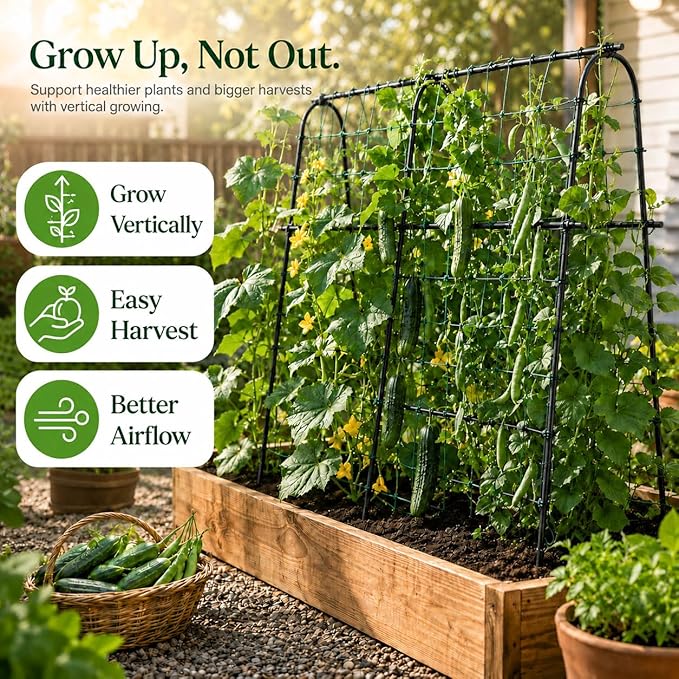 FOLLOOK Cucumber Trellis for Raised Garden Bed, Rustproof Metal Garden Arch Trellis for Climbing Plants Support Outdoor Fruit Grape Vine Vegetable Tomato Pole Bean Snap Pea Trellis, 48x48inch, Black