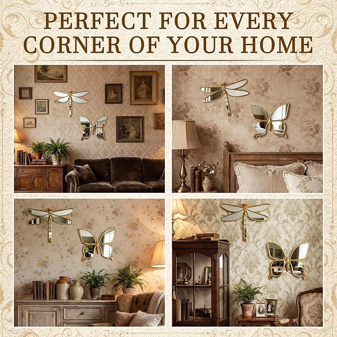 Sliner 2 Pcs Dragonfly & Butterfly Mirror Wall Decor Gold Resin Aesthetic Insect Wall Art, Vintage Decorative Glass Mirrors for Home Nursery Garden, Elegant Nature Gift for Summer Wedding