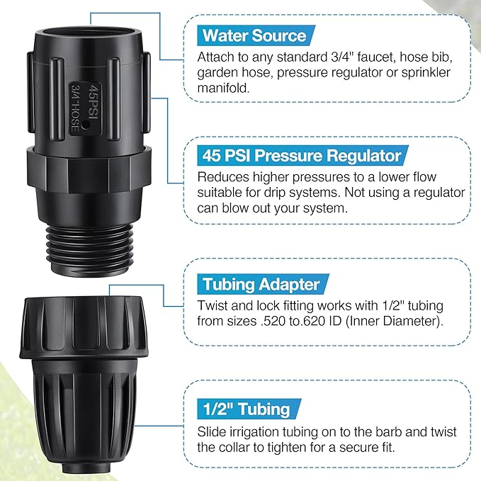Drip Irrigation Pressure Regulator Faucet Adapter Kit, 3/4" FHT x 3/4'' MHT Pressure Regulator, 1/2 Inch Drip Irrigation Tubing Adapter(45 Psi,6 Pcs)