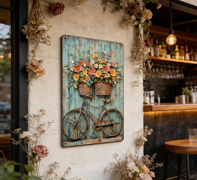 Vintage Floral Bicycle Metal Sign Rustic Farmhouse Daisy Floral Wildflowers Tin Signs Flower Still Life Bike Aluminum Wall art for Home Garden Patio Farm Yard Bar Bathroom Decor 8x12 Inch
