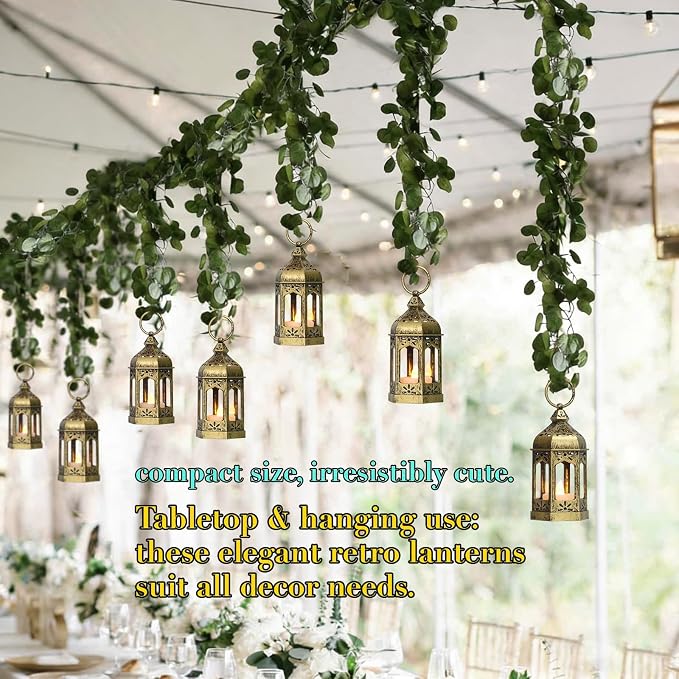 Mini Moroccan Lanterns with Flicker LED Candles Set of 12, Gold Vintage Decorative Hanging Lanterns for Ramadan, Christmas, Halloween, Wedding, Party, Table Centerpiece, ABS Plastic and Glass