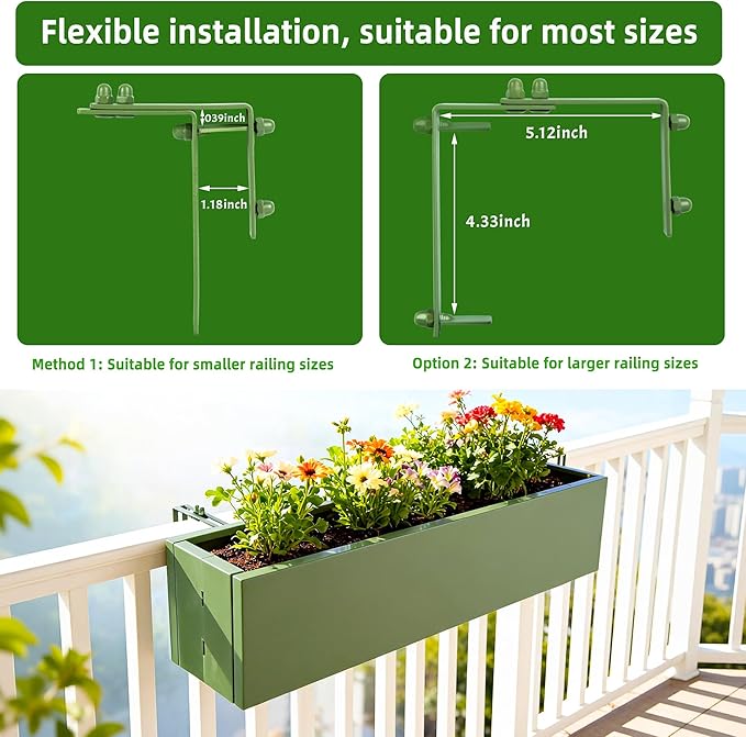 2 Pack Metal Railing Planter Box, 30 Inch Balcony Planters with Adjustable Brackets, Large Hanging Planters for Outdoor Fence Deck
