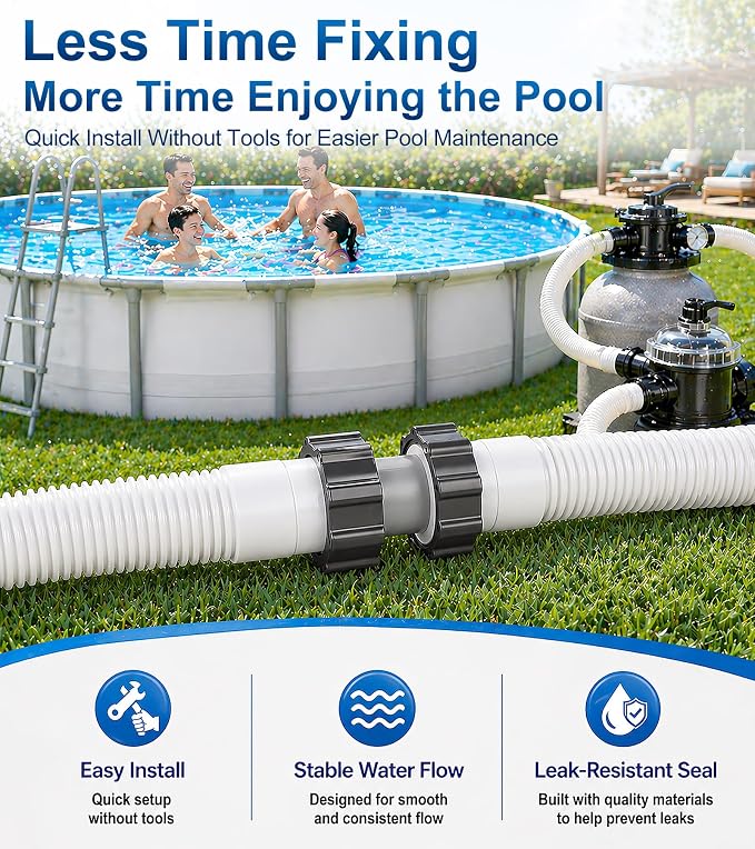 Pool Hose Connector for Leak-Proof Dual Seal and Stable Water Flow, 1.5" to 1.5" Pool Hose Adapter for Pool Parts and Accessories Replacement, Easy No-Tool Install for Above Ground Pools, 2PCS