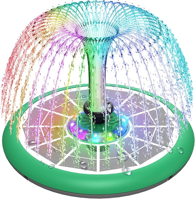 Solar Fountain UFO Style, 2026 Upgrade 5W Glass Solar Panel Bird Bath Fountain with LED Lights, 4000mAh Backup Battery, 7 Nozzles for for Garden, Pond, Pool, Patio Outdoor Water Feature