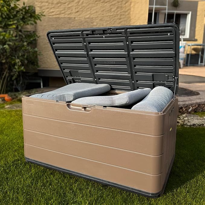 TARKARI 105 Gallon Pro Deck Box, Outdoor Storage Box Lockable for Patio Furniture, Garden Tools, Pool Accessories, UV-Resistant for All Weather Use, Brown