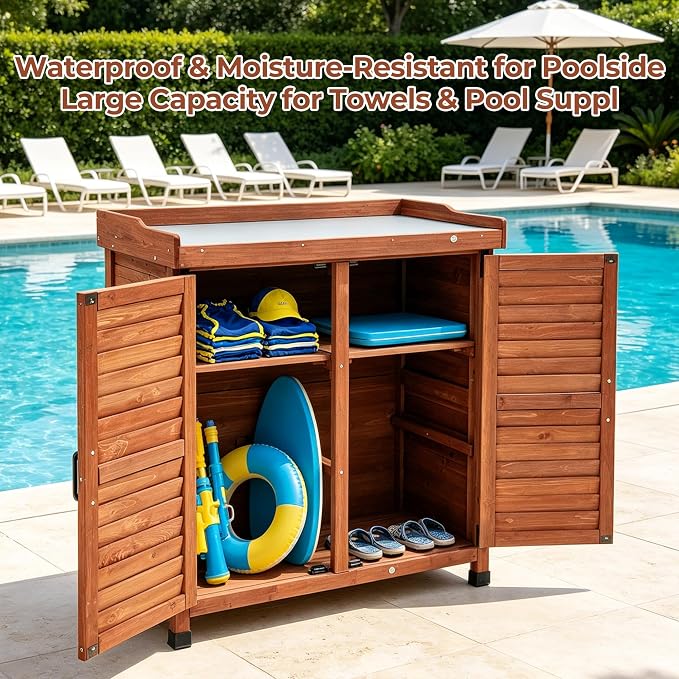 Outdoor Garden Storage Cabinet with Potting Bench, Wood Cabinet with Metal Top, Planting Workstation Table for Patio, Backyard and Garden Tools (Brown)