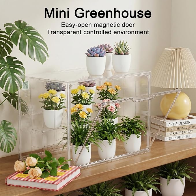 Clear Mini Indoor Greenhouse, with Hygrometer and Magnetic Door, Stackable | Small Tabletop Portable Green House (Plants and Pots are not Included)