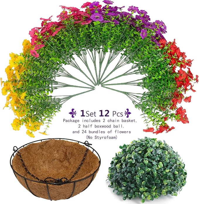 Hananona 2 Set Artificial Outdoor Flowers with Hanging Basket, 2 Hanging Planters with 24 Pcs Flowers for Spring Summer Front Porch Garden Patio Home Decor (2, Red, Purple, Yellow, Rose Red)
