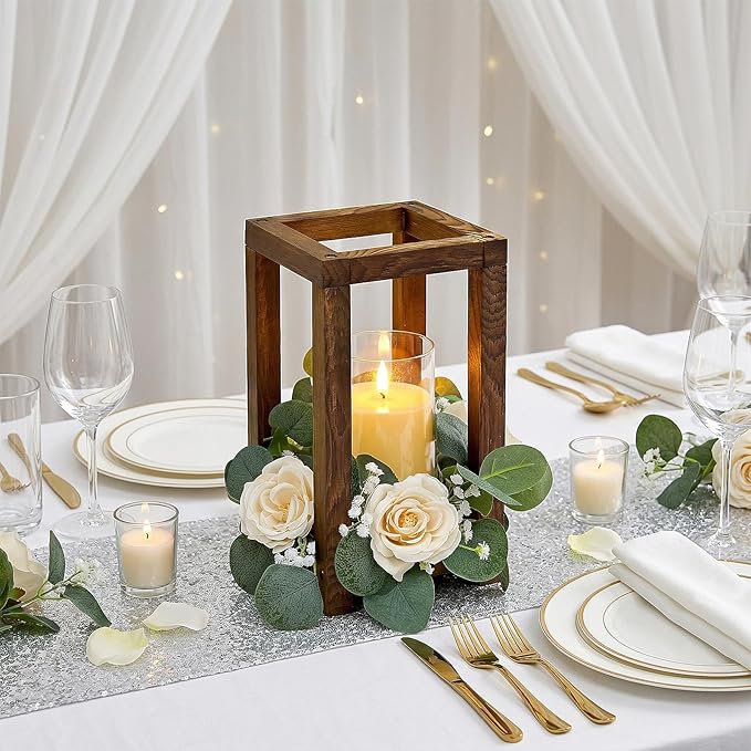 18 Pcs Wooden Lantern Centerpiece - Wedding Lantern with Roses Candles Rings LED Flameless Candles Rustic for Wedding Party Farmhouse Table Centerpieces Decor, Champagne Roses