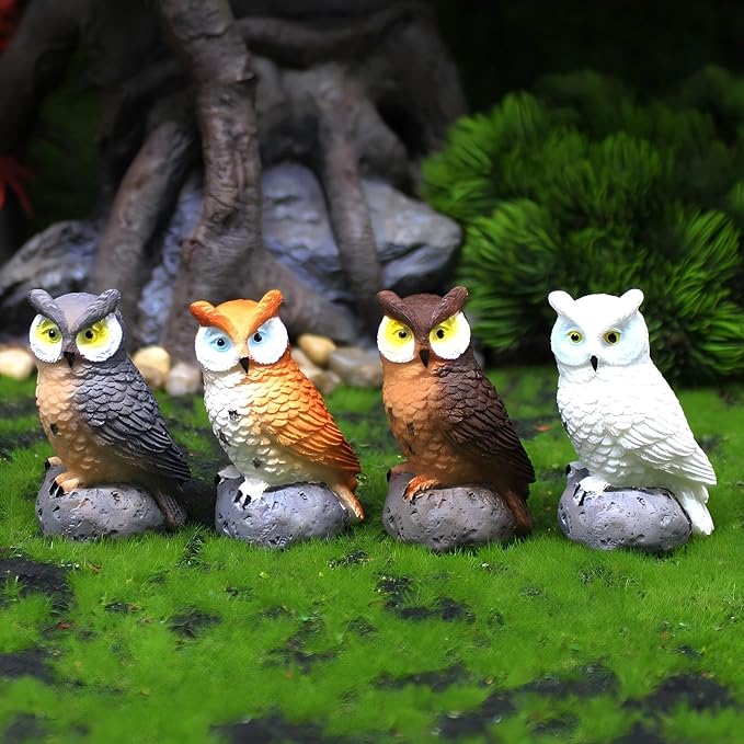 Mini Owl Figurines 4pcs - Fairy Garden Accessories, Miniature Owls for Fairy Garden Decor, Small Owl Gifts for Women Mom Grandma
