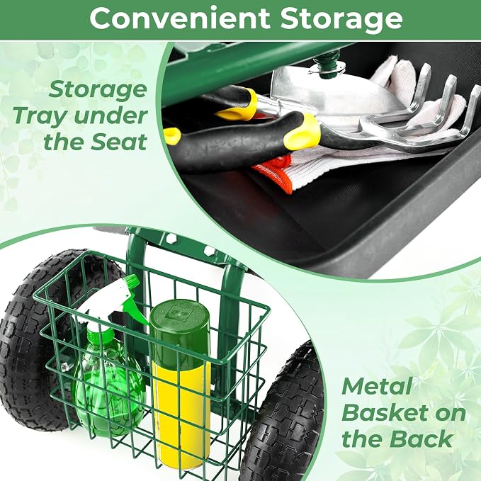 DORTALA 4-Wheel Rolling Garden Cart Work Seat with 360 Swivel & Height Adjustable Seat, Heavy Duty Planting Cart with Storage Basket, Green