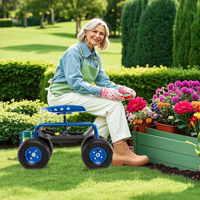 IRONMAX Garden Cart with Seat, Gardening Rolling Stool Scooter with 10’’ All-Terrain Wheels, Convenient Pull Handle & Tool Tray and Basket for Outdoor Planting (Blue)