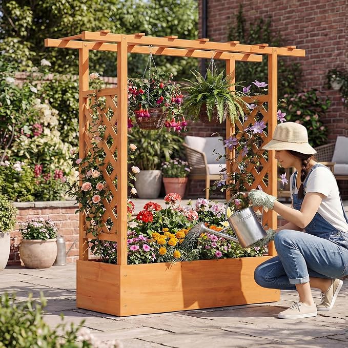 Giantex Wooden Raised Garden Bed with Trellis & Hanging Roof, 2 Pack Fir Wood Planter Box, 45" Freestanding Elevated Garden Bed for Outdoor Climbing Plants Vegetables Flowers, Patio & Balcony, Orange