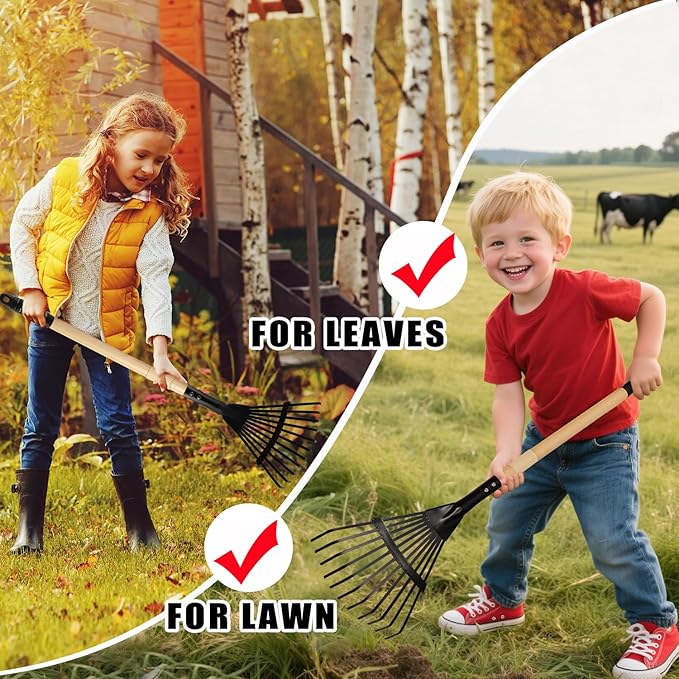 Kids Rake and Shovel Set, 4Pcs Garden Tools Metal Head with Wooden Handle, Great Gardening Gifts for Boys Girls Age 3 and Up