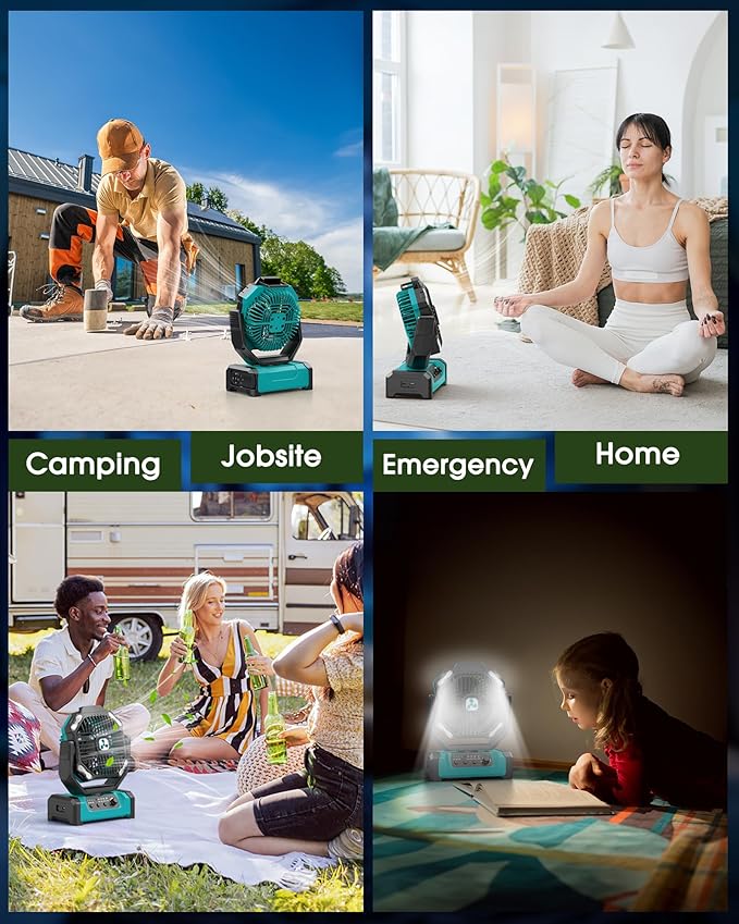 ONLYNEW Camping Fan 20000mAh Portable Fans USB C Rechargeable Battery Powered Fan with LED Lantern & Remote, Oscillating,Timer, Remote Auto, Hook for Tents Travel Outdoor Camp Beach Home Gifts Green