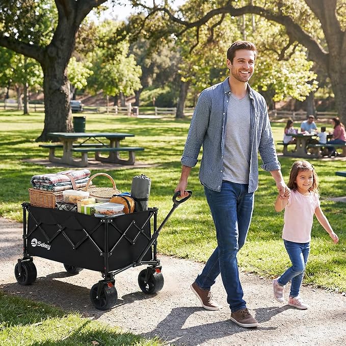 Sekey 150L Wagons Carts Foldable with Big All-Terrian Beach Wheels, Collapsible Heavy DutyWagon, Extra Large Folding Wagon,Foldable Wagon for Camping, Garden, Sports. Black