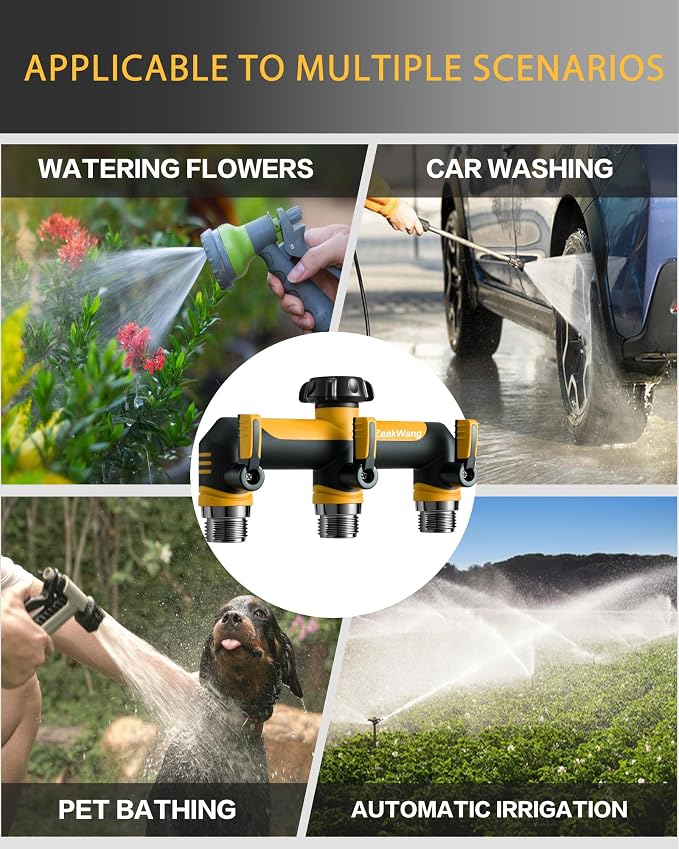 Garden Hose Splitter, 3 Way Hose Splitter, Heavy Duty Water Hose Bib Spigot Splitter, Outdoor Faucet Splitter with Shutoff Valve, T Adapter Connector with 3/4 - Inch GHT Thread (Yellow)