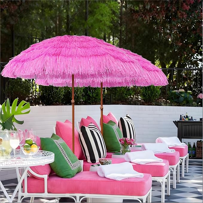 AMMSUN 7.5ft Hula Thatched Tiki Patio Beach Umbrella Hawaiian Style 10 Ribs UPF 50+ with Tilt Carry Bag for Outdoor Tiki Bar, Tropical Palapa, Patio Garden Beach Pool Backyard Pink