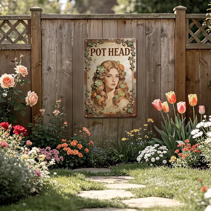 2D Flat Funny Garden Signs, Pot Head Vintage Garden Decor, Outdoor Wall Decor for Patio Yard Greenhouse Home, Waterproof Garden Gifts 8x12 Inch