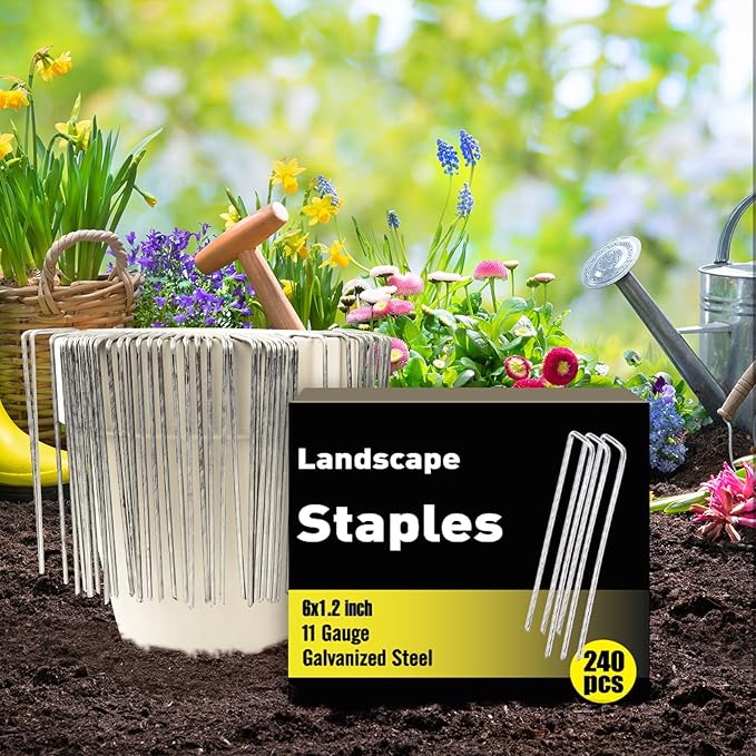 240 Pack 6 Inch Landscape Staples, Garden Stakes Galvanized Tent Stakes Heavy Duty 11 Gauge SOD Landscaping Fabric Pins Yard Ground Lawn Staples for Plant Cover, Turf, Fence, Grass Decoration