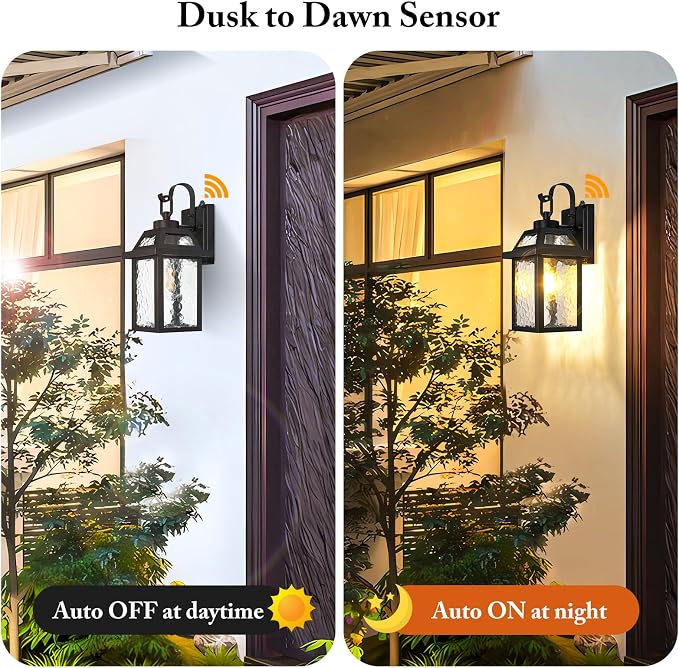 BesLowe Dusk to Dawn Outdoor Wall Lights, Exterior Lighting Fixtures Wall Mount, Porch Lights Outdoor Wall Sconces with Water Ripple Glass, Outside Lights for House Front Door Garage, 2-Pack
