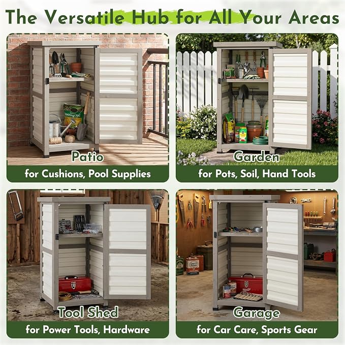 Small Outdoor Storage Cabinet with Waterproof Metal Top, White Wood & Plastic Potting Bench Table with Removable Shelf, Outside Cabinets Work Station for Patio, Balcony,17.9''x17.9''x33.5''