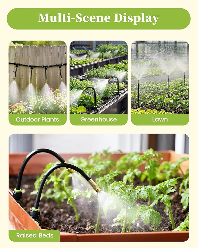 RAINPOINT Drip Irrigation System, Garden Watering Kit with 360°Adjustable Copper Nozzles, Automatic Atomizing Watering Sprinkler System for Greenhouse, Lawn, Raised Beds, Outdoor Plants (Green, 100FT)