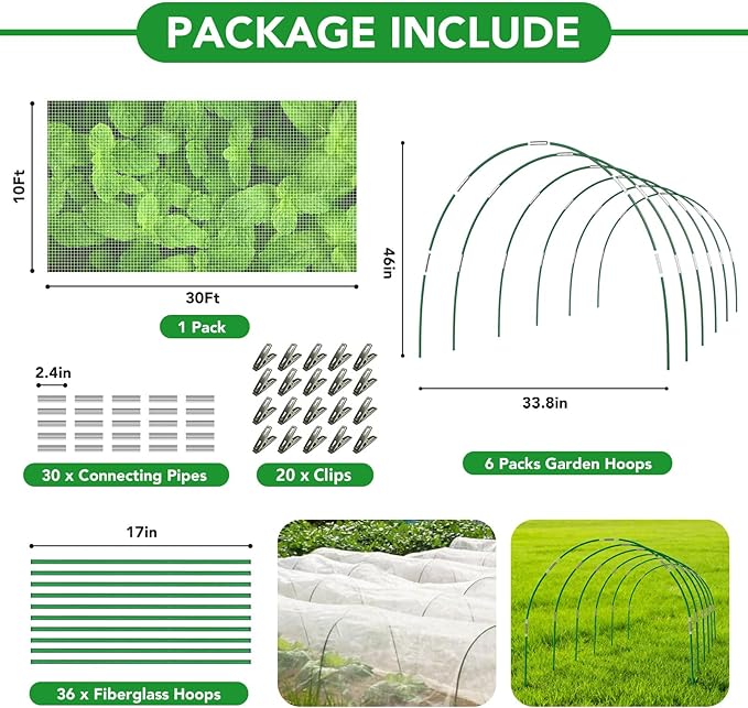 Garden Netting Kit for Raised Beds, 10x30FT Ultra Fine Mesh Netting ＆6 Sets Fiberglass Garden Hoops, Insect Netting for Garden Plant Row Cover Vegetable Flowers Protection Barrier