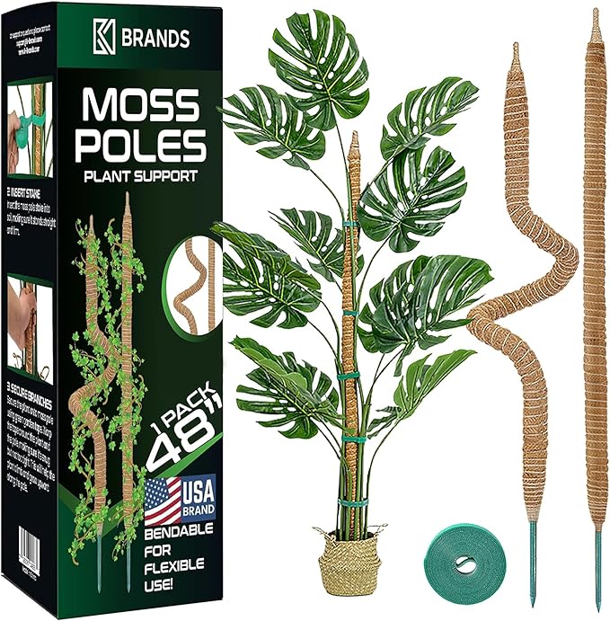 K-Brands 48'' Bendable Moss Pole Monstera Plant Support - Coconut Palm Fiber - Brown - Rectangular - Climbing Plant Support Structure