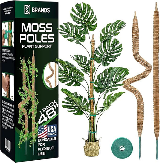 K-Brands 48'' Bendable Moss Pole Monstera Plant Support - Coconut Palm Fiber - Brown - Rectangular - Climbing Plant Support Structure