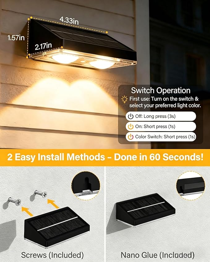 Solar Fence Lights Outdoor, Ultra-Bright 85LM Fence Lights Solar Powered, 9 RGB Color Modes, IP65 Waterproof, 12H Dusk to Dawn Glow for Pool/Deck/Patio/Wall/Backyard, 2 Pack, Matte Black