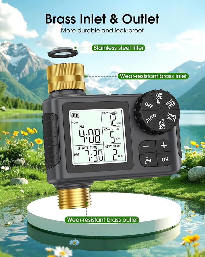 Water Timer for Garden Hose with Brass Inlet & Outlet, 1 Outlet Sprinkler Timer with Auto/Manual/Rain Delay Mode, Large LCD Display, Easy Programming Hose Timers for Lawn Garden Yard Vacation Watering