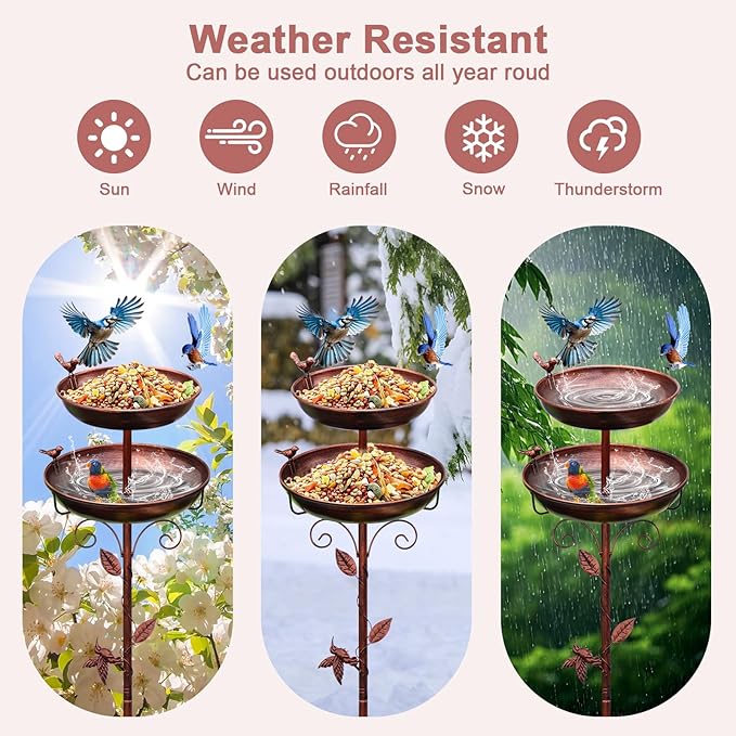 Bird Bath for Outside, 2-in-1 Birdfeeder and Bath, 42 Inch Tall Stand with Hummingbird, Large 12Inch & Small 7.9Inch BirdBaths Bowl, 3 Bird Decor for Garden, Antique Bronze